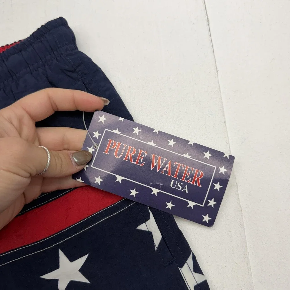 Vintage Pure Water USA Swim Shorts Mens M Blue Stars Flag Lined Trunks Patriotic